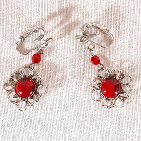 Dangle Drop Flower Earrings Red Central Stones On Silver Tone Petals - Picture 6 of 10
